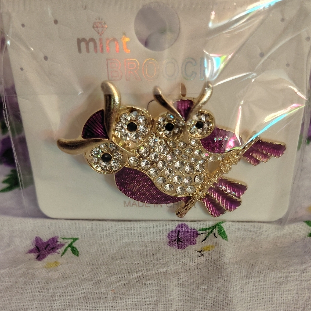 Gold and Purple Owl Brooch